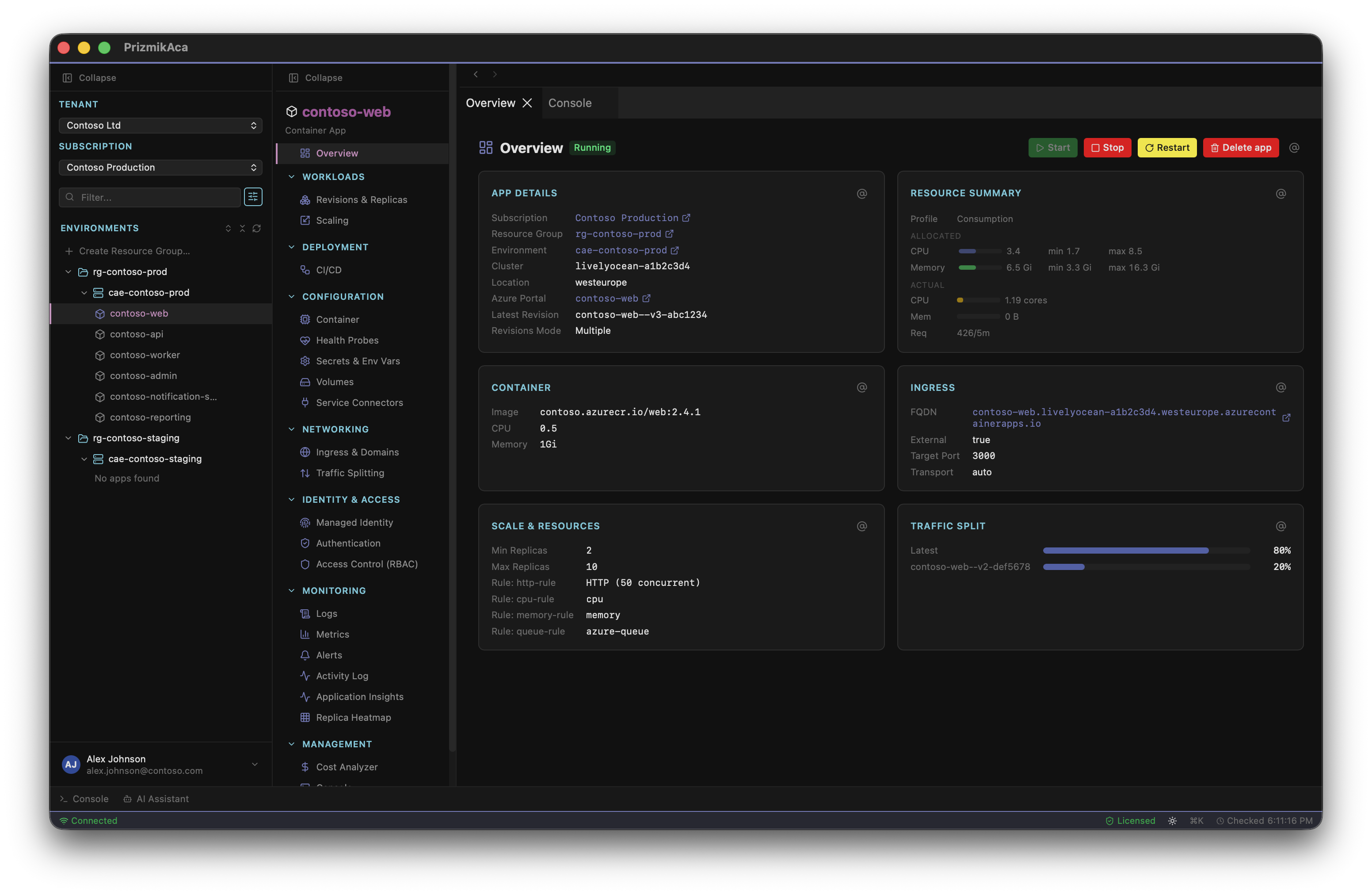 PrizmikAca — Overview dashboard showing Contoso Production environment with container apps, ingress, traffic split, and resource details