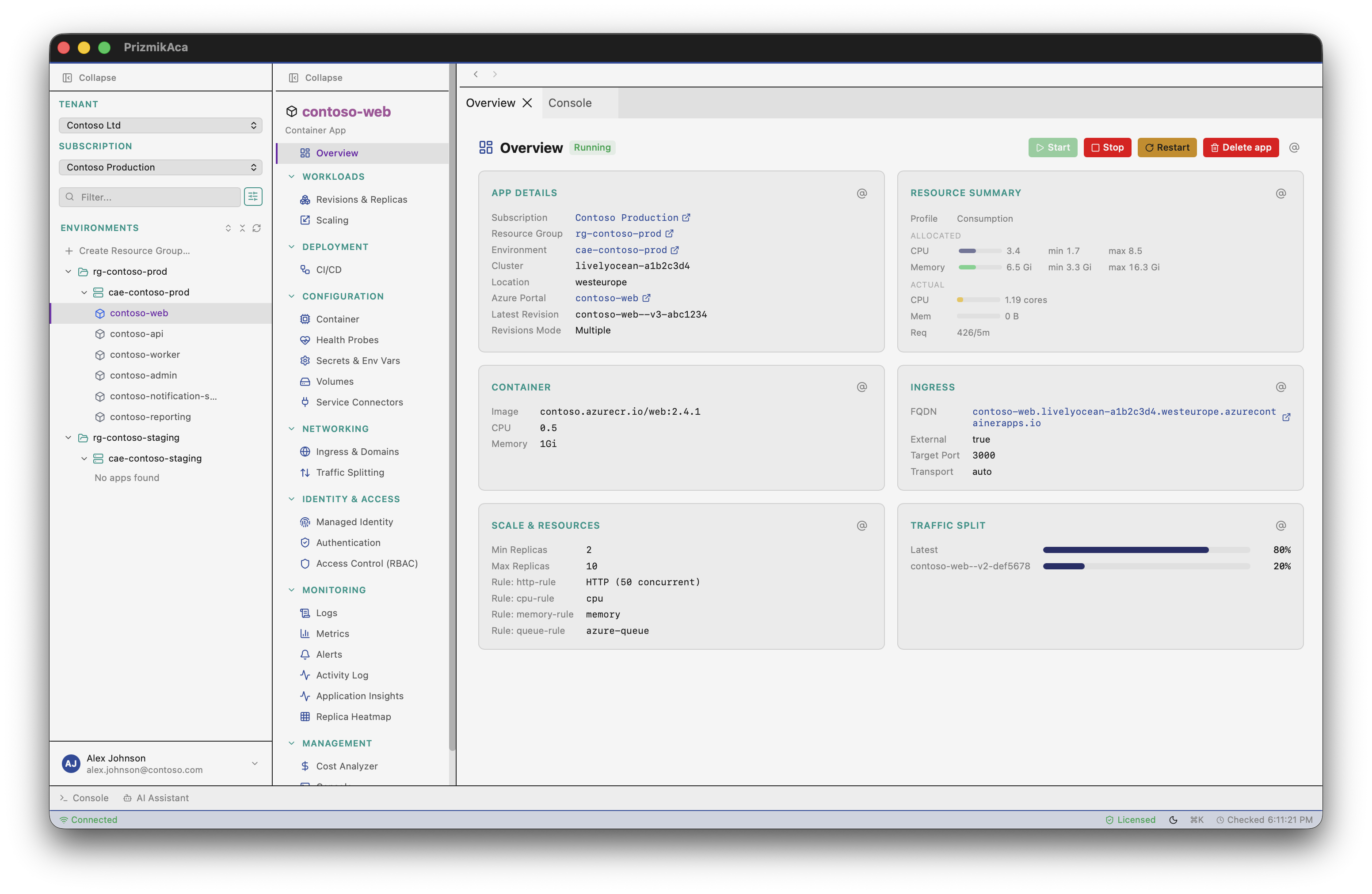 PrizmikAca — Overview dashboard showing Contoso Production environment with container apps, ingress, traffic split, and resource details