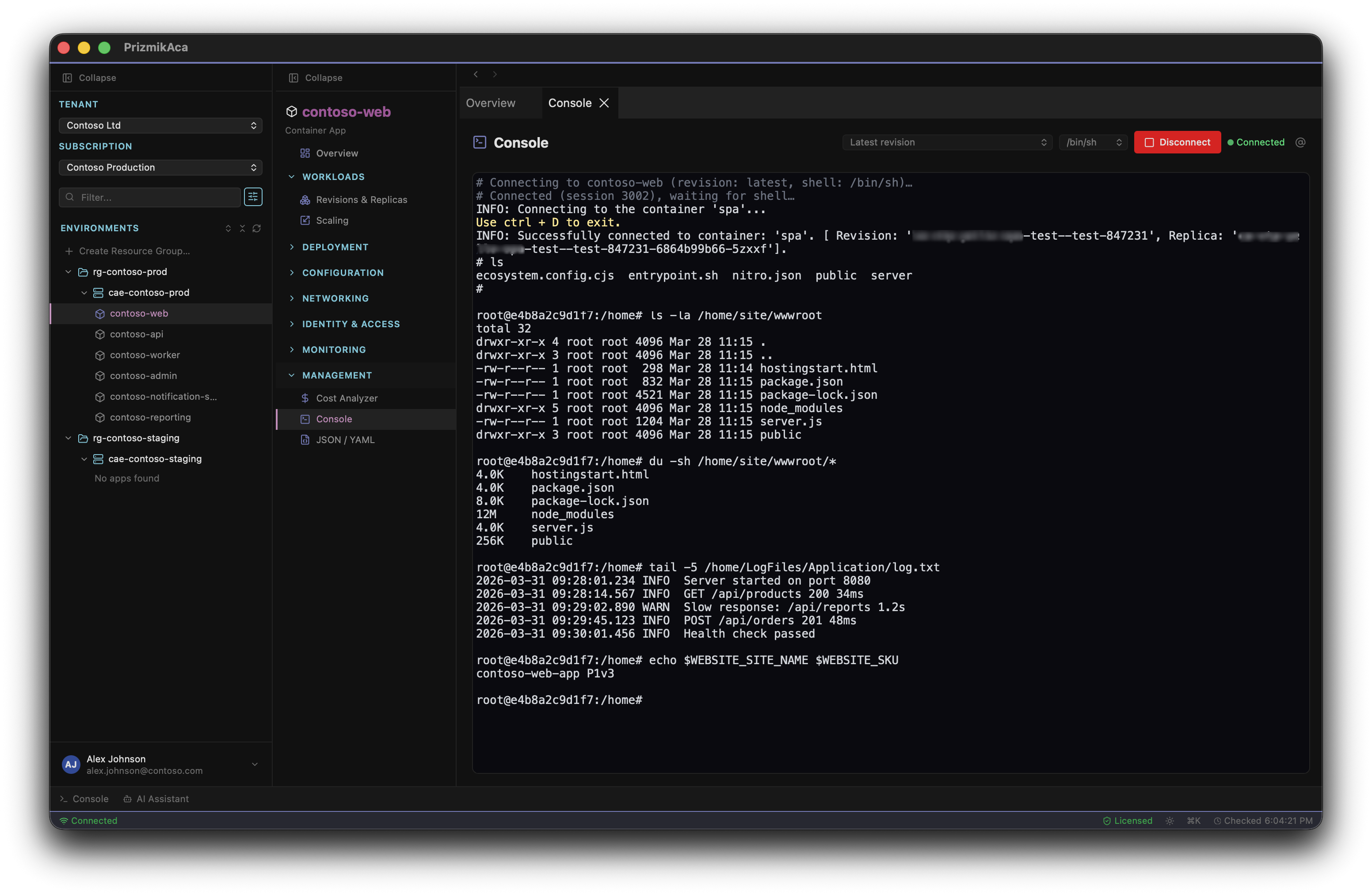 PrizmikAca — Interactive shell console connected to a running container replica
