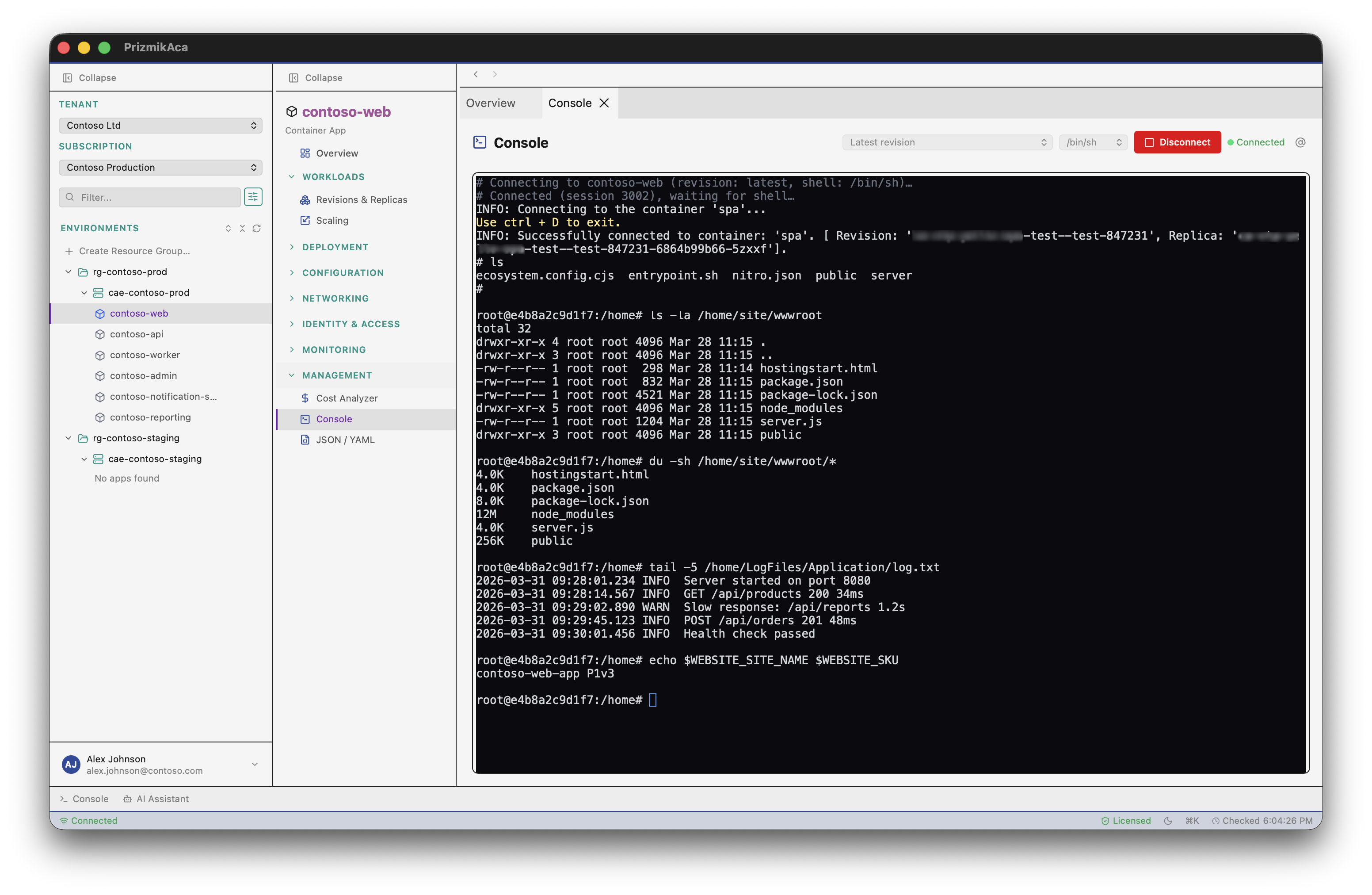 PrizmikAca — Interactive shell console connected to a running container replica