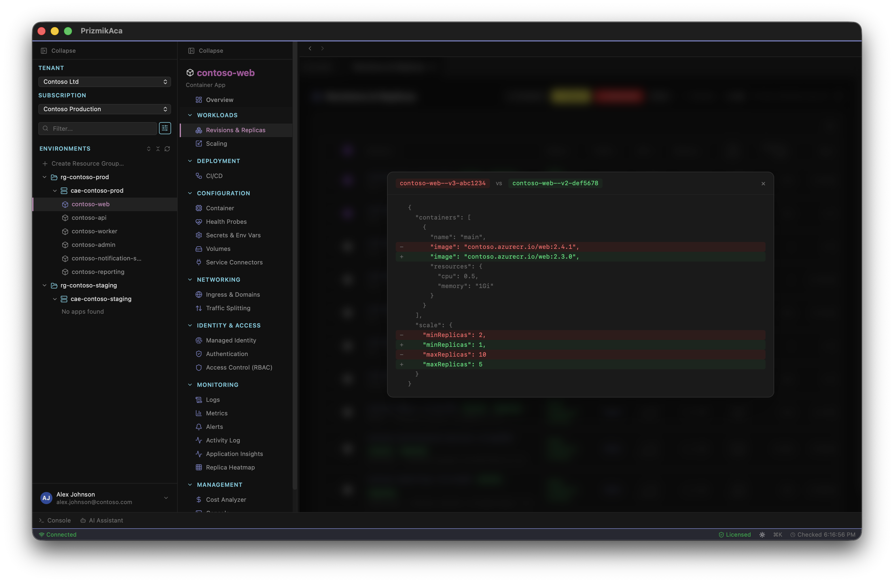 PrizmikAca — Side-by-side revision diff showing configuration changes between two revisions