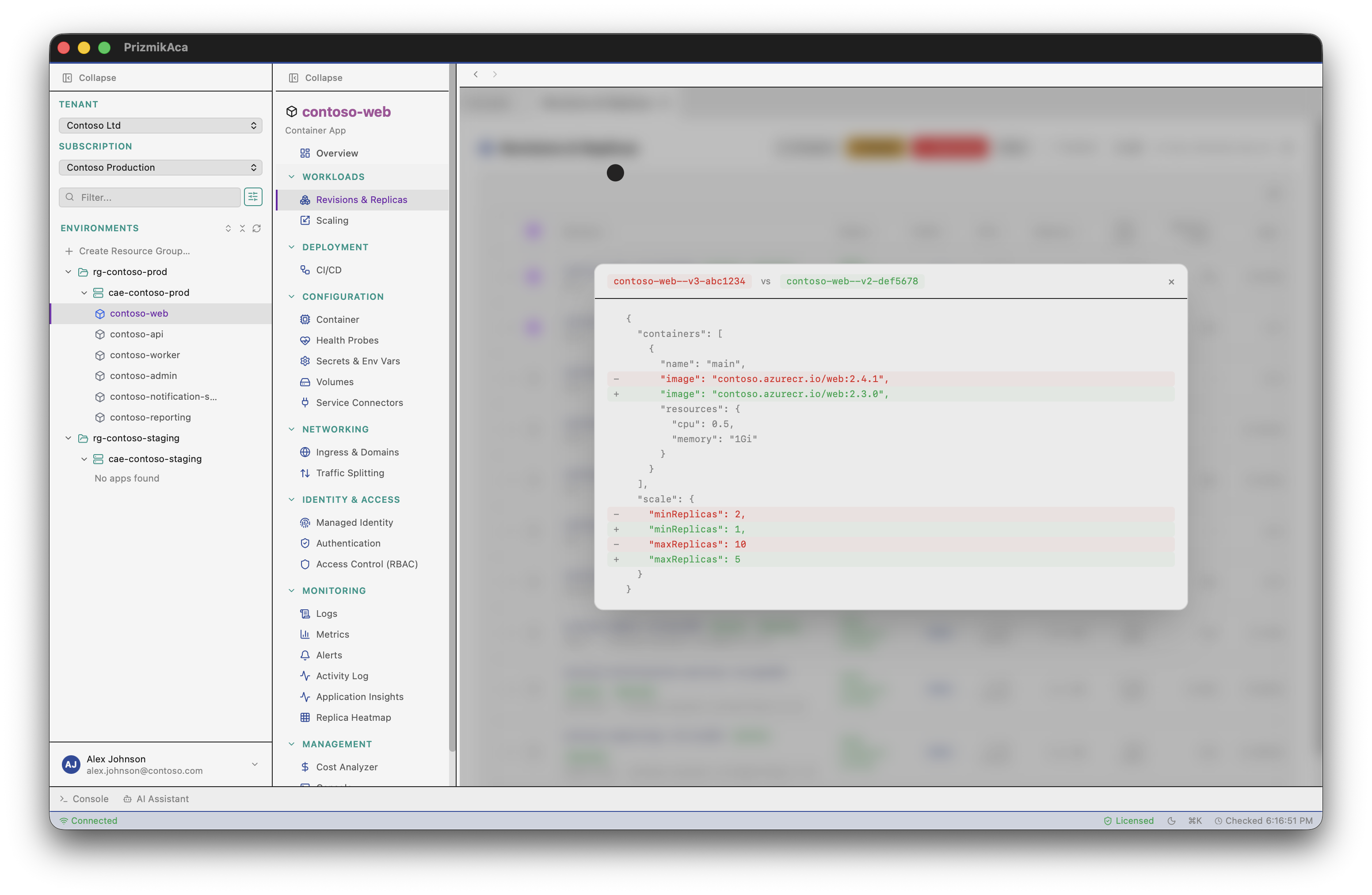PrizmikAca — Side-by-side revision diff showing configuration changes between two revisions