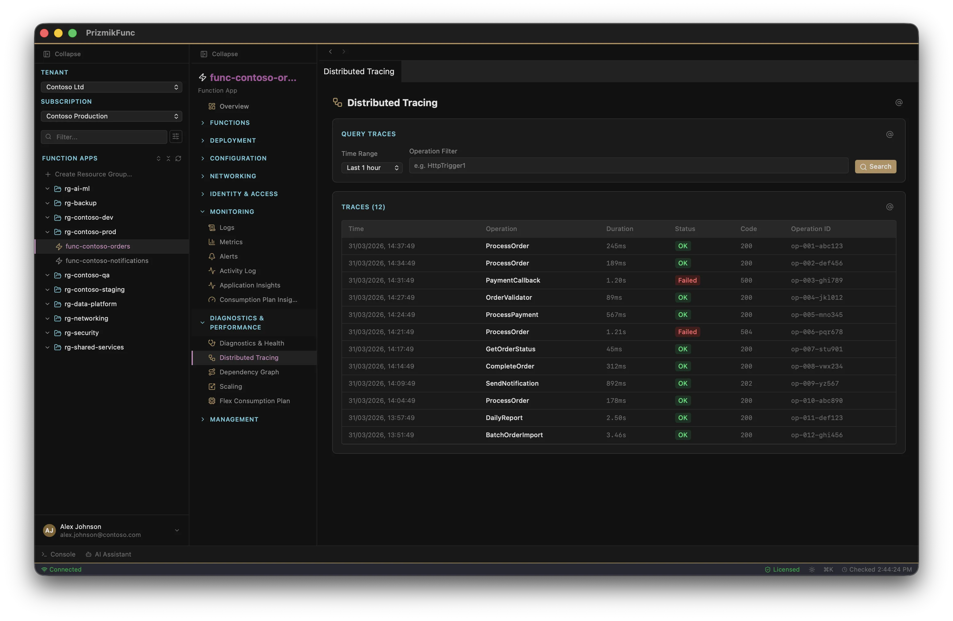 PrizmikFunc — Distributed tracing view