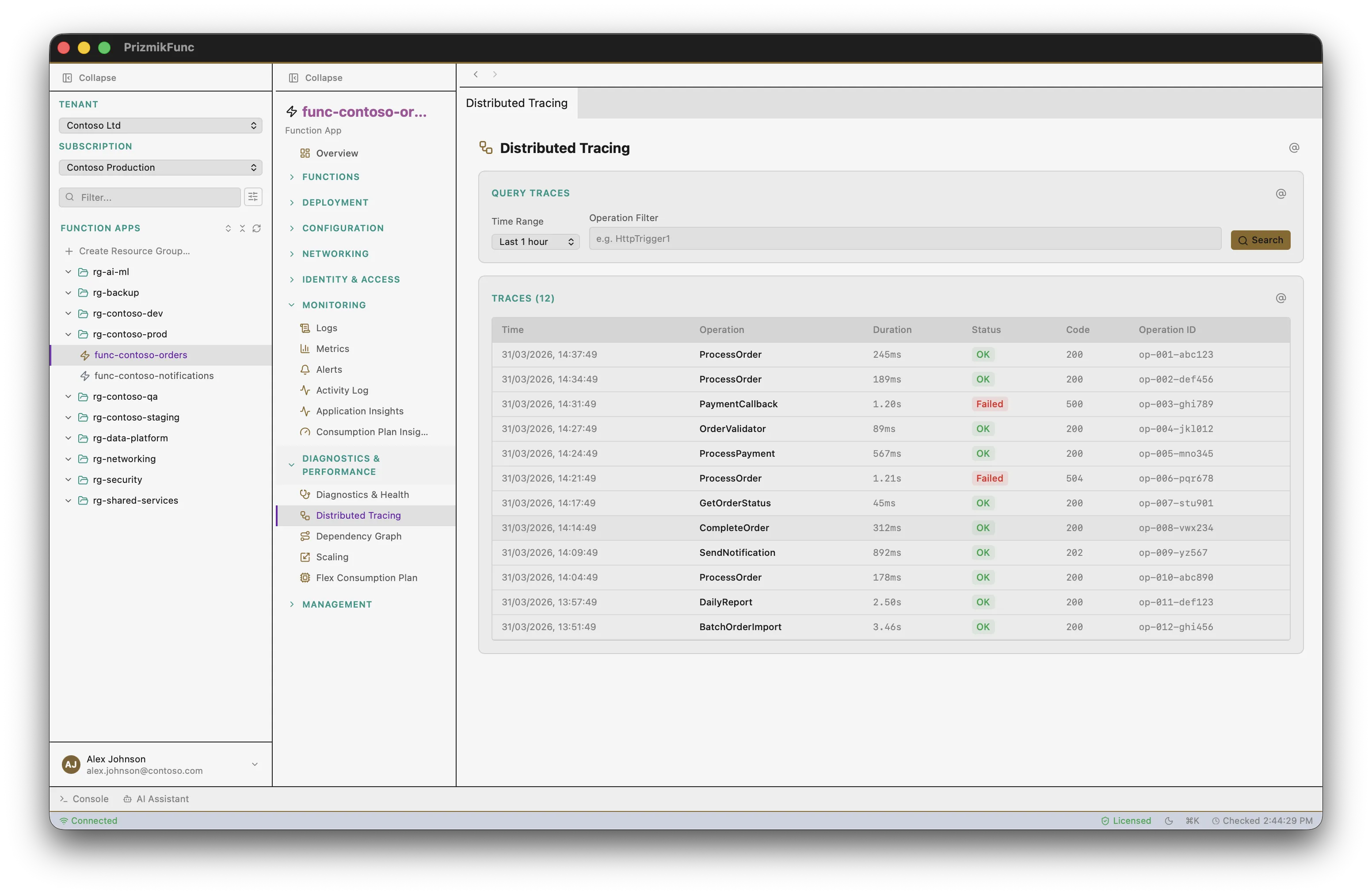 PrizmikFunc — Distributed tracing view