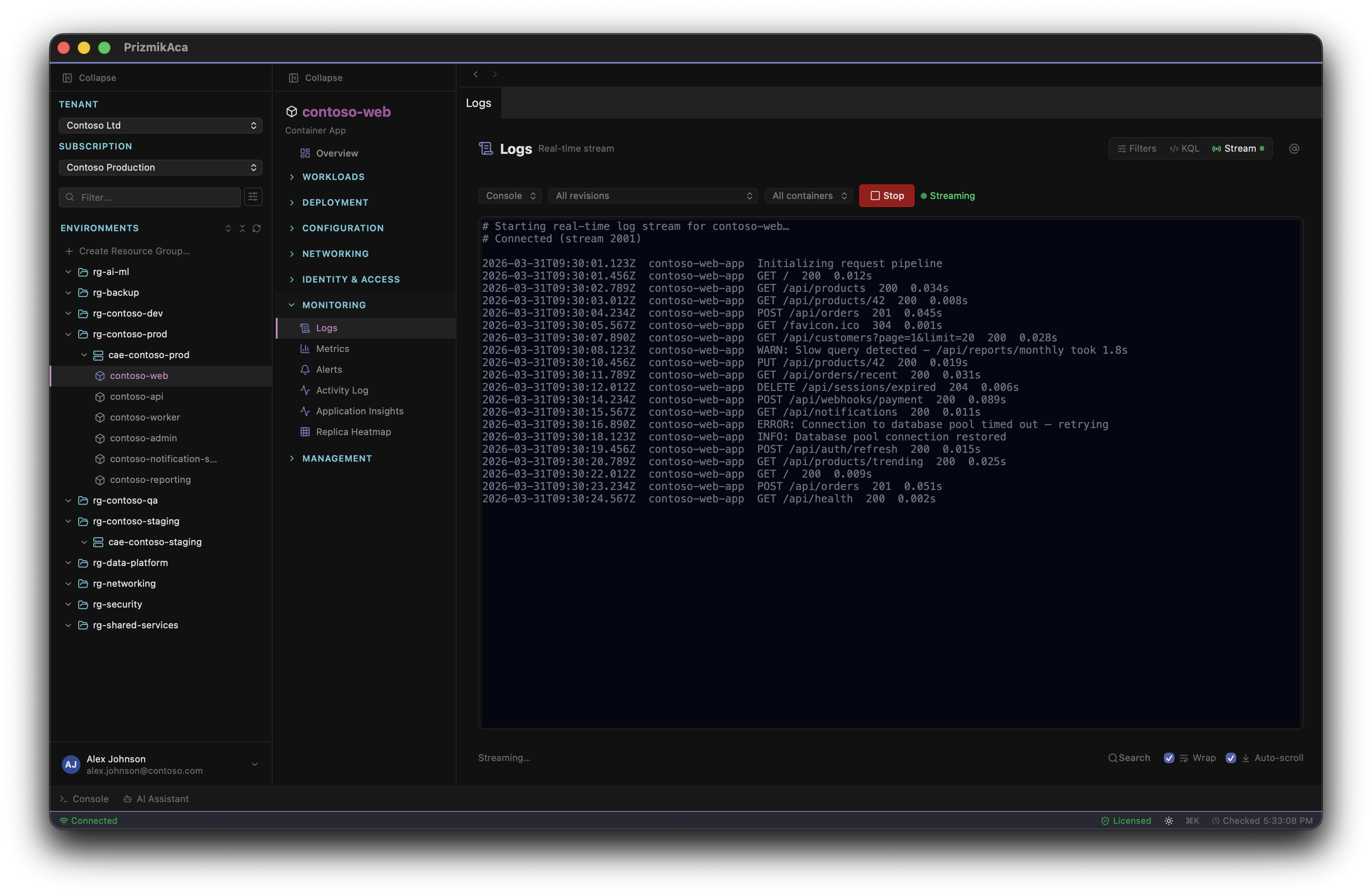 PrizmikAca — Log Analytics view with real-time log entries, filter controls, and KQL query support