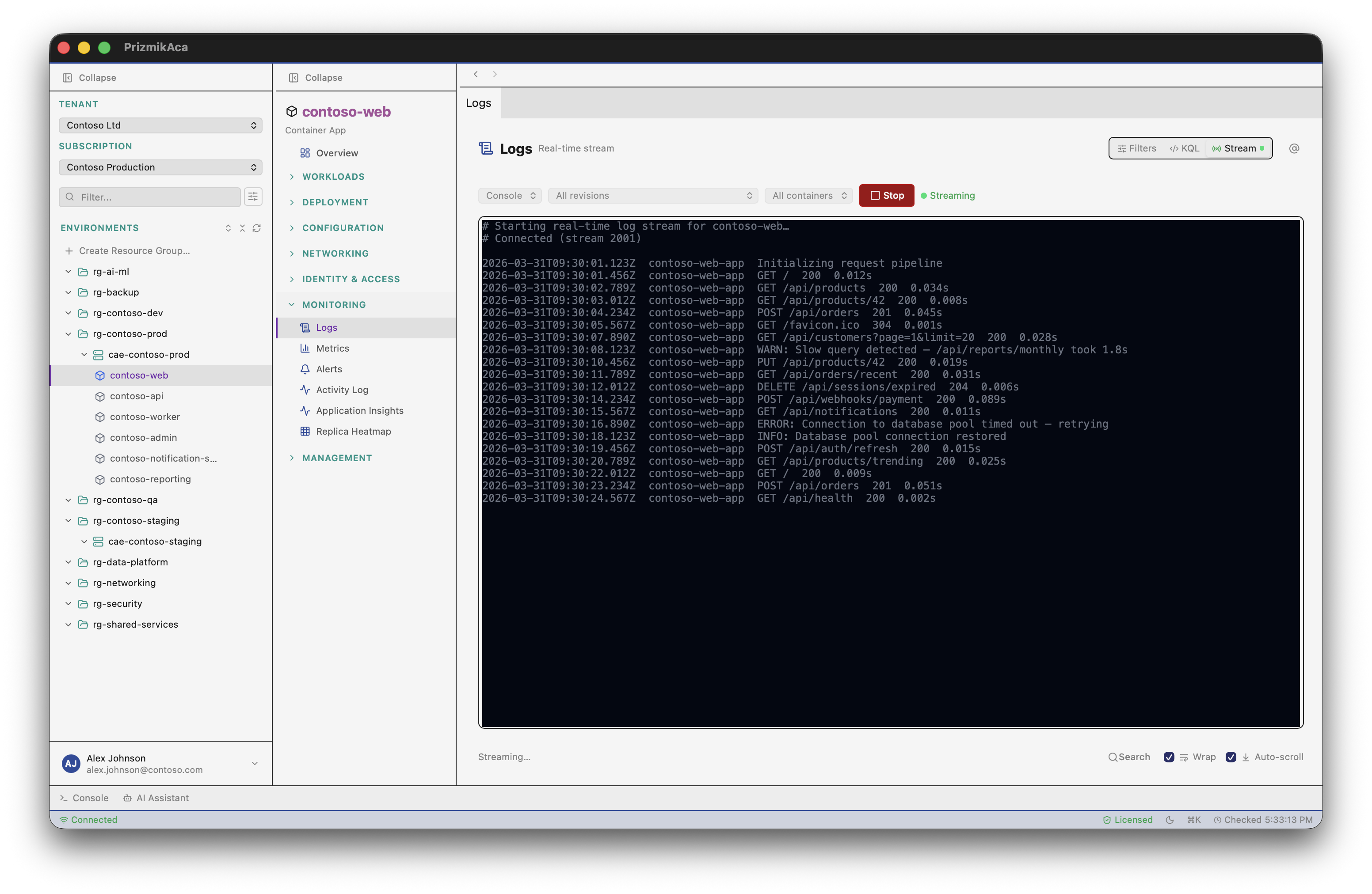 PrizmikAca — Log Analytics view with real-time log entries, filter controls, and KQL query support