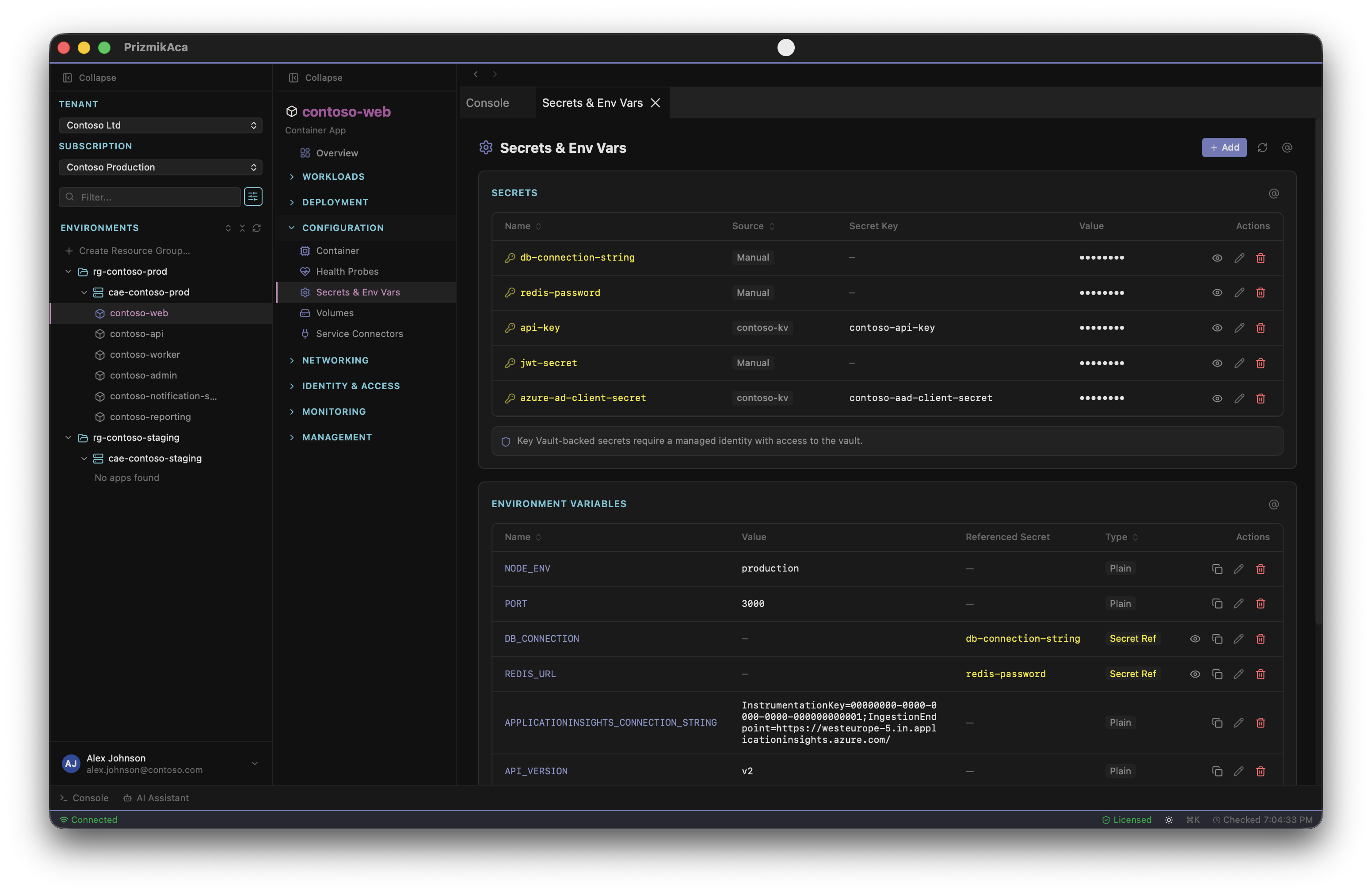 PrizmikAca — Secrets management panel with reveal and copy capabilities