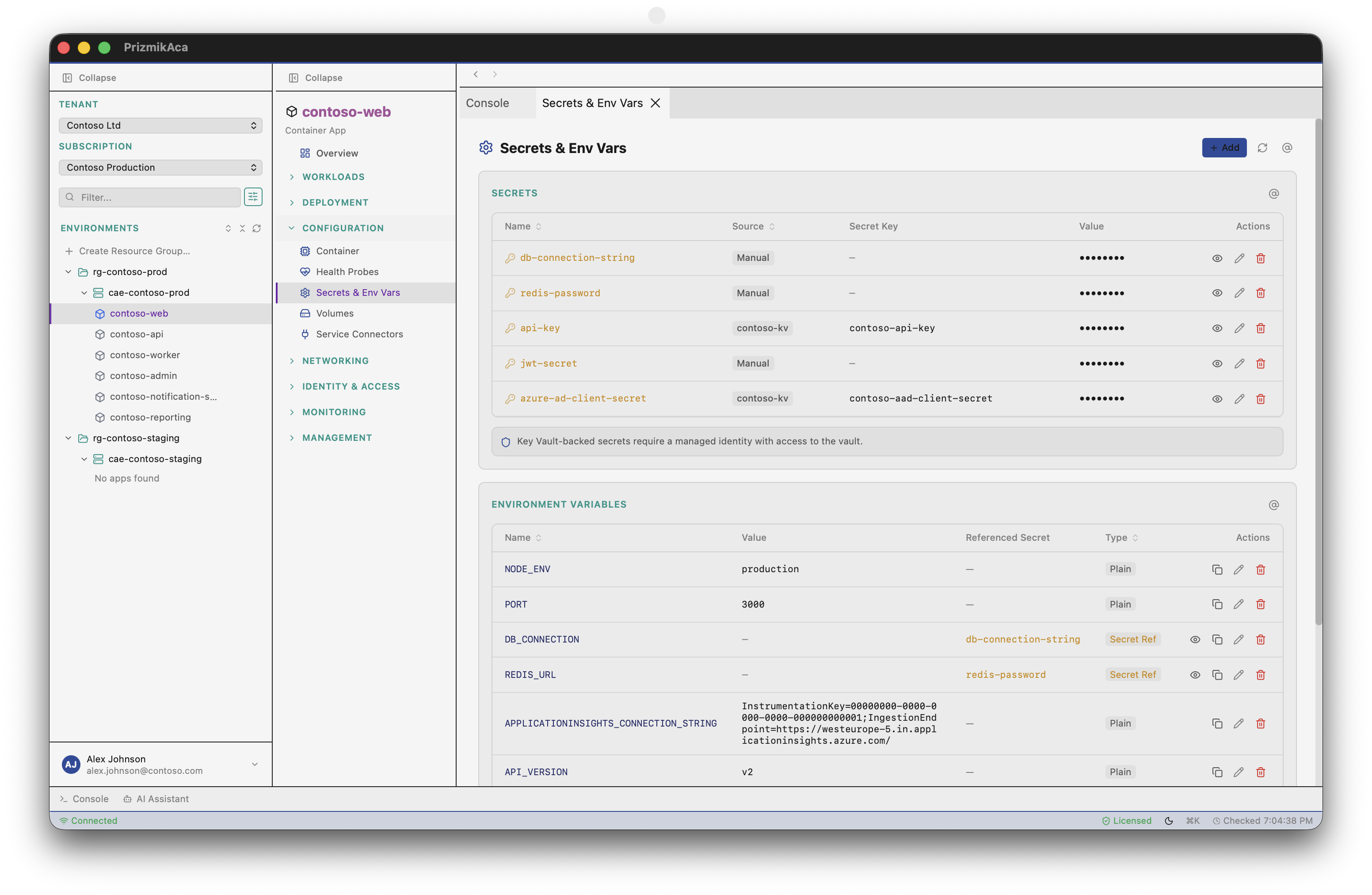 PrizmikAca — Secrets management panel with reveal and copy capabilities