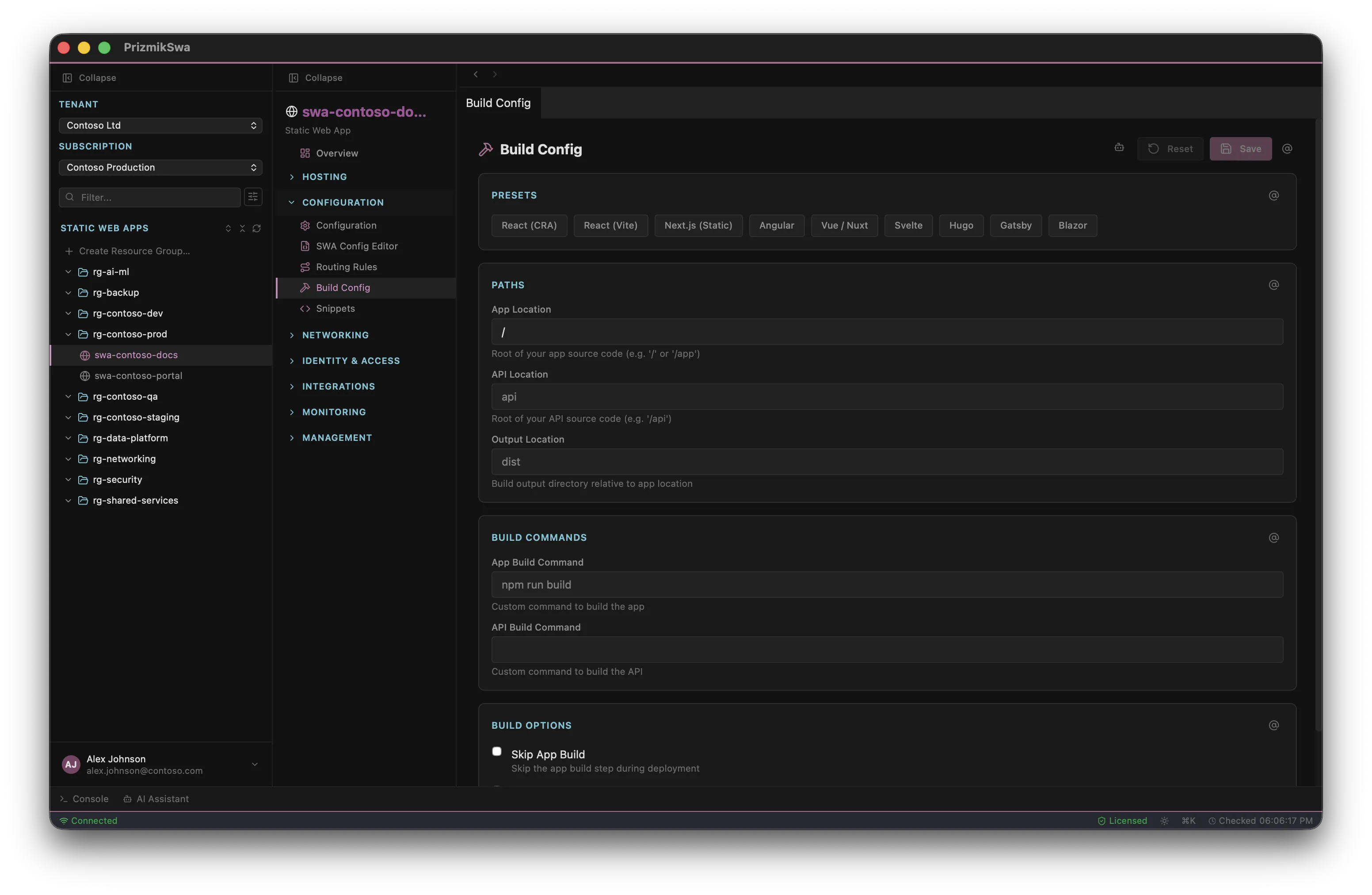 PrizmikSwa — Build configuration with framework presets