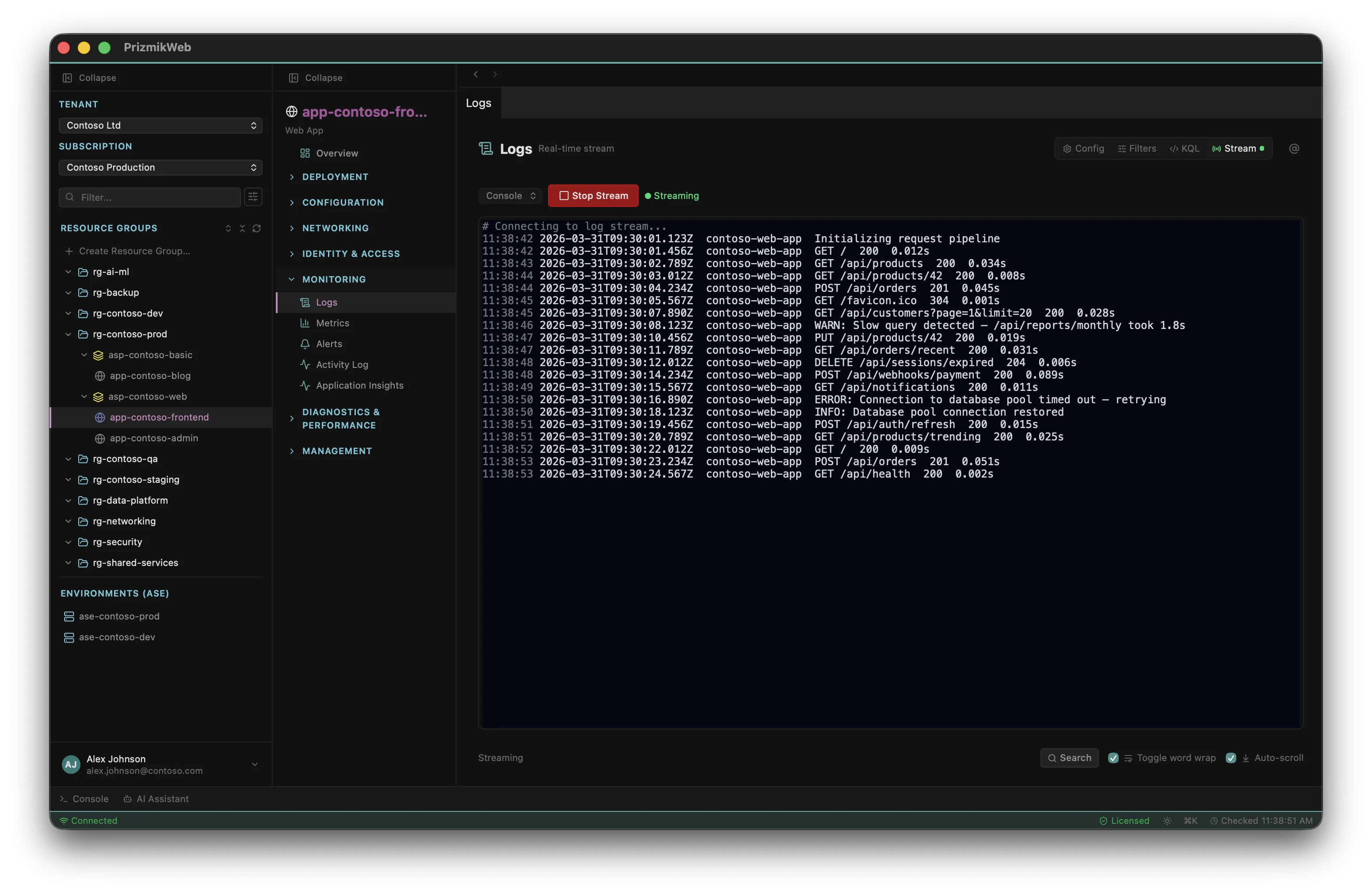 PrizmikWeb — Log streaming panel with real-time logs
