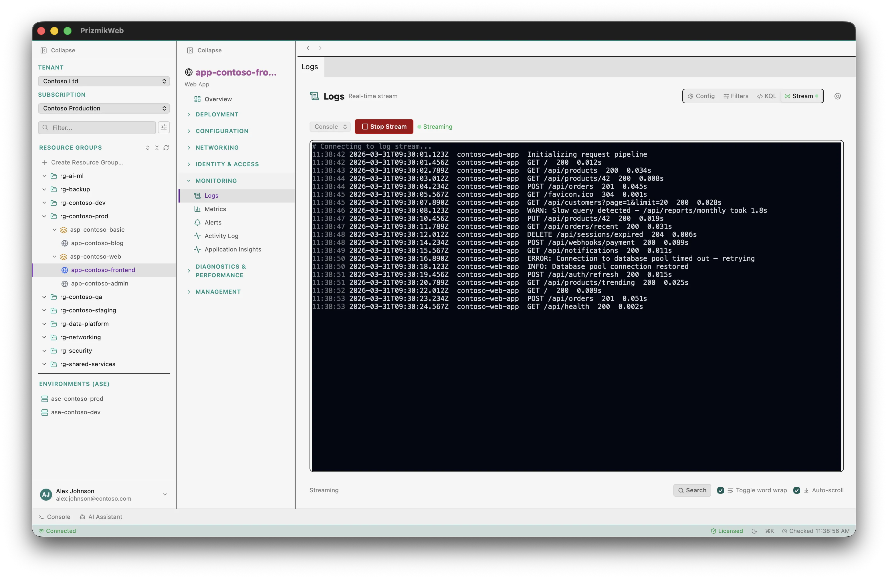 PrizmikWeb — Log streaming panel with real-time logs