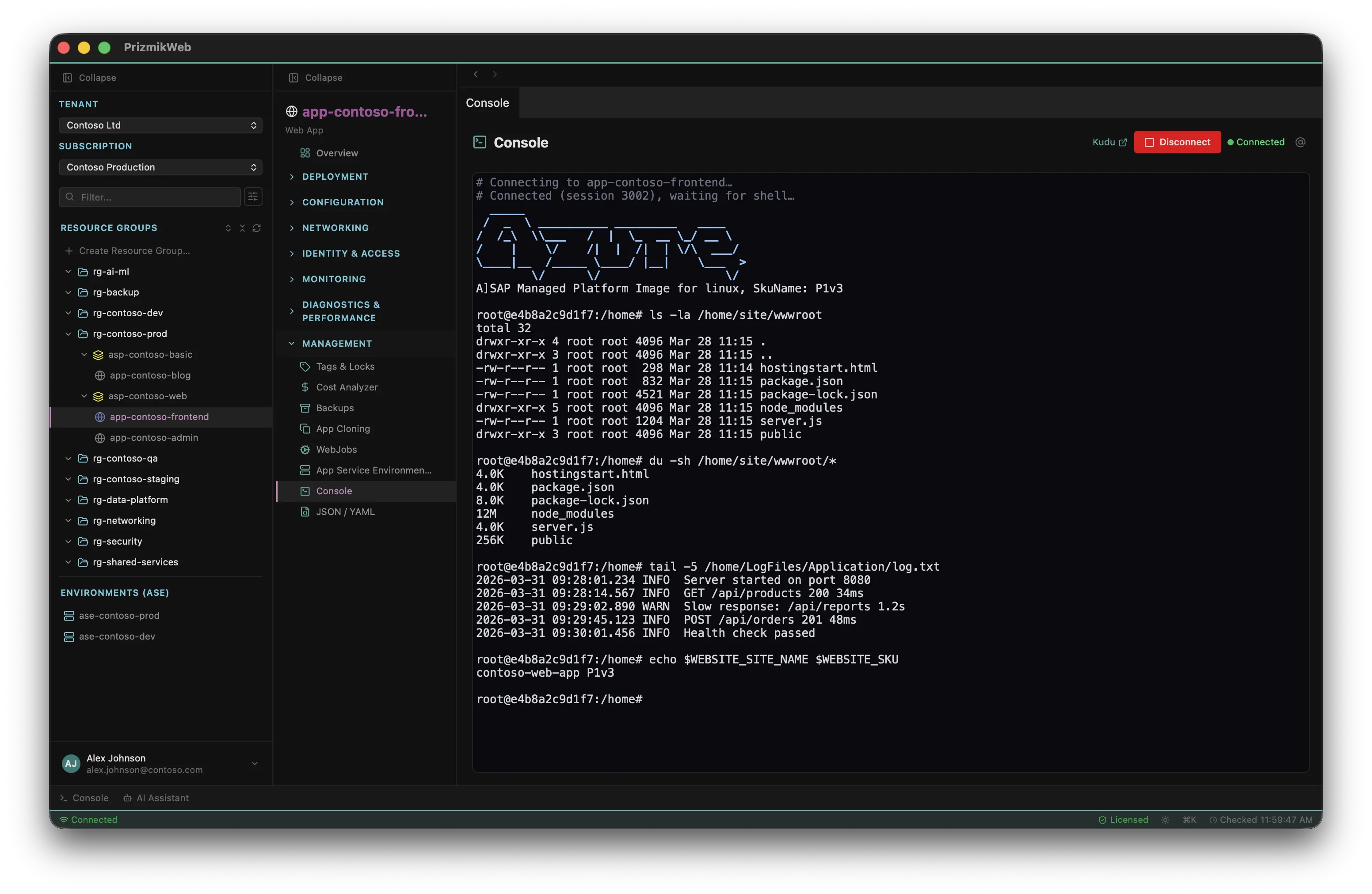 PrizmikWeb — SSH console connected to running web app