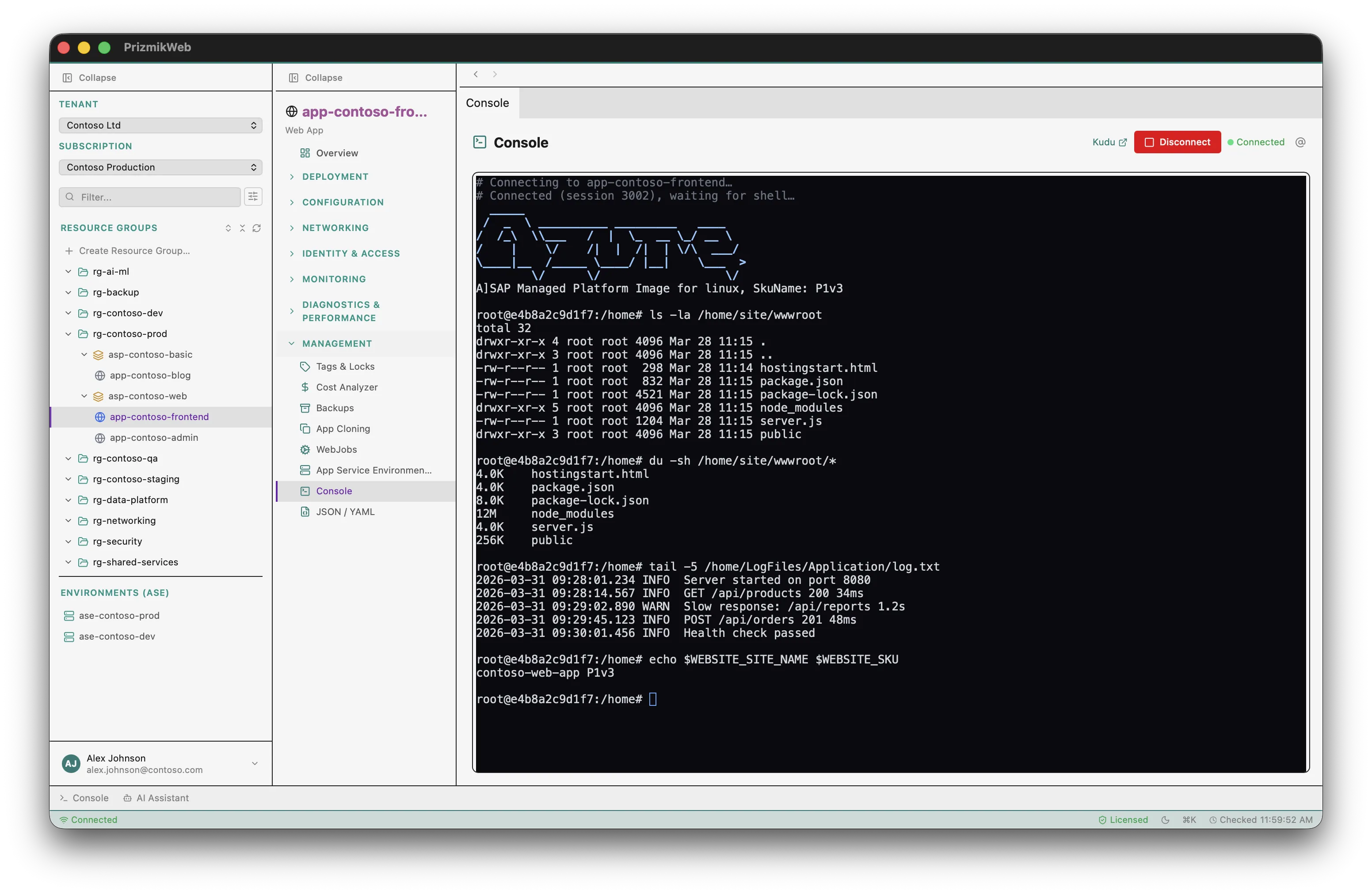 PrizmikWeb — SSH console connected to running web app